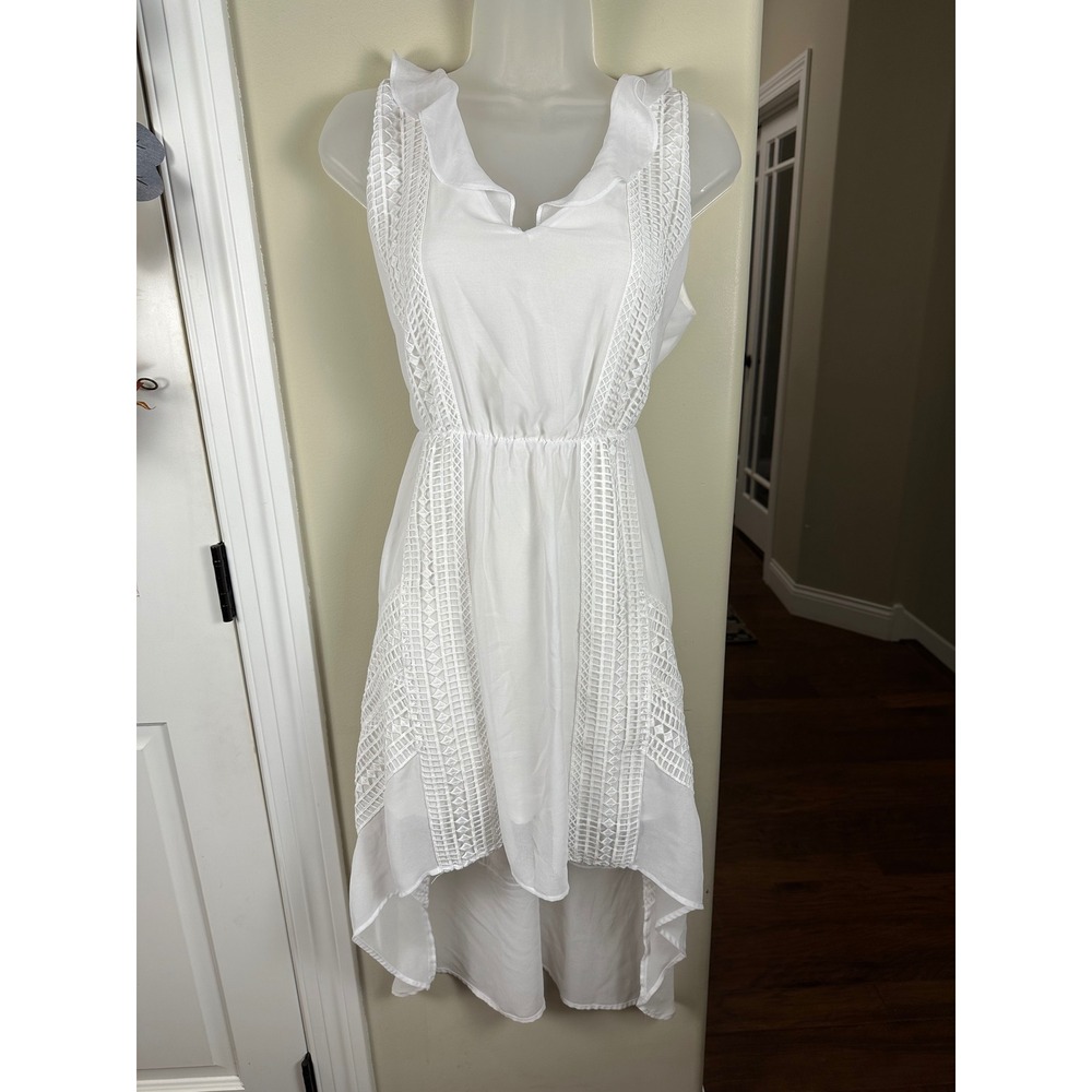 bebe White Sleeveless Dress Hi Low Ruffle Trim Lace Details Womens